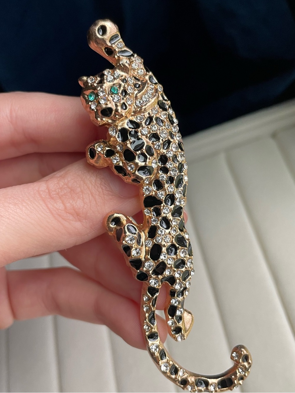 Gold Leopard Brooch with Black Spots and Green Eyes